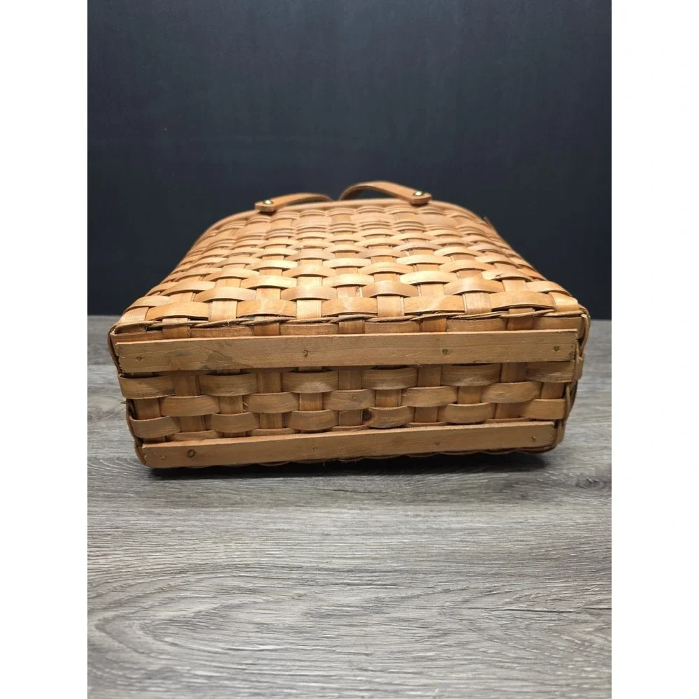 Vintage Double Handled Light Brown Wooden Basket 13.5x9x7 Rustic Home Decor